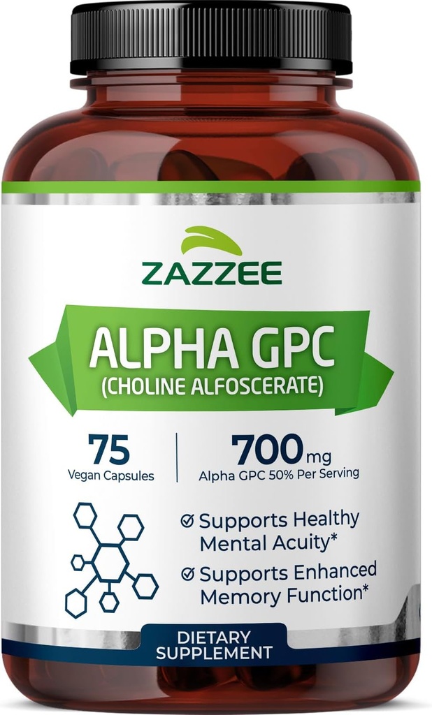 Zazzee Extra Strength Alpha GPC Choline, 700 mg per Serving, 75 Vegan Capsules, 100% Pure Pharmaceutical Grade, 100% Vegetarian, Standardized for Potency and Purity, All-Natural and Non-GMO