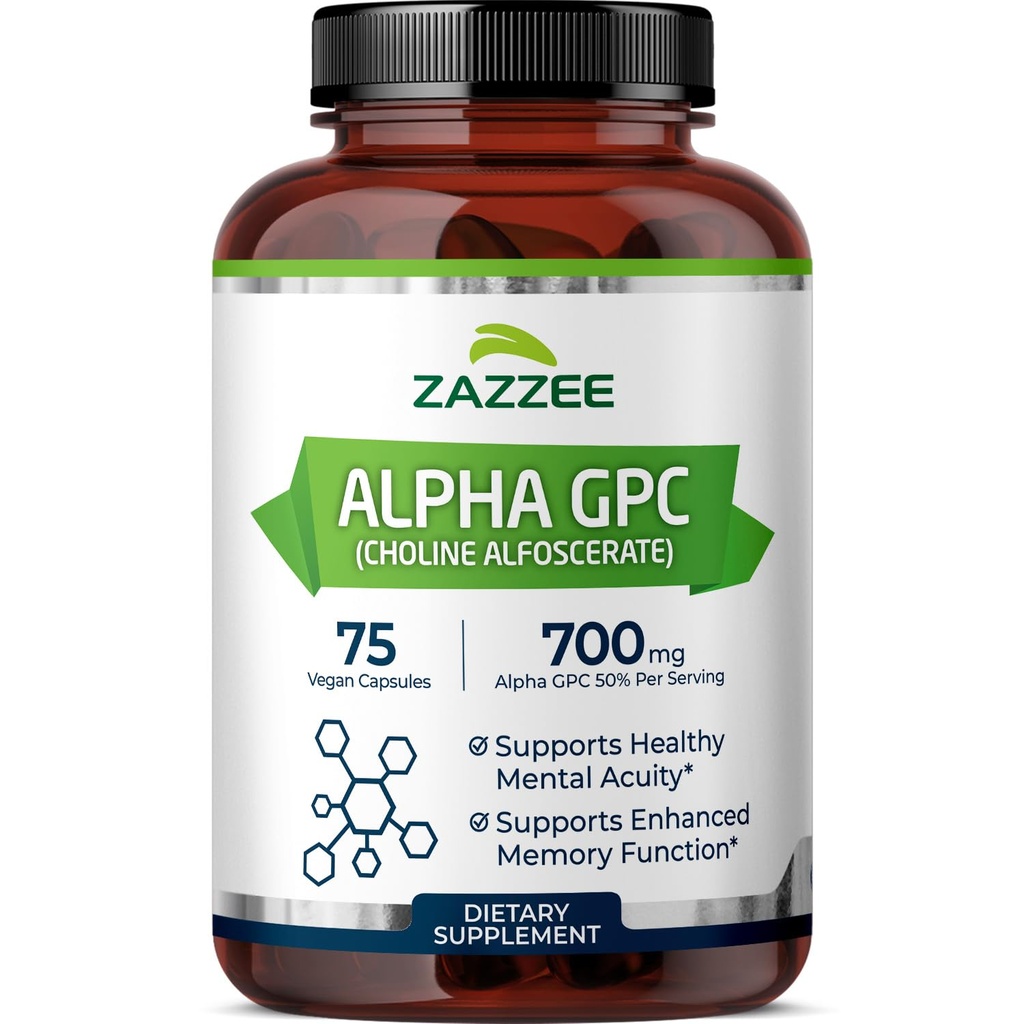 Zazzee Extra Strength Alpha GPC Choline, 700 mg per Serving, 75 Vegan Capsules, 100% Pure Pharmaceutical Grade, 100% Vegetarian, Standardized for Potency and Purity, All-Natural and Non-GMO