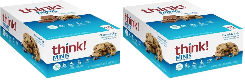 think! MINIS Protein Snack Bars, Gluten Free, Chocolate Chip, 15 Count (Pack of 2)