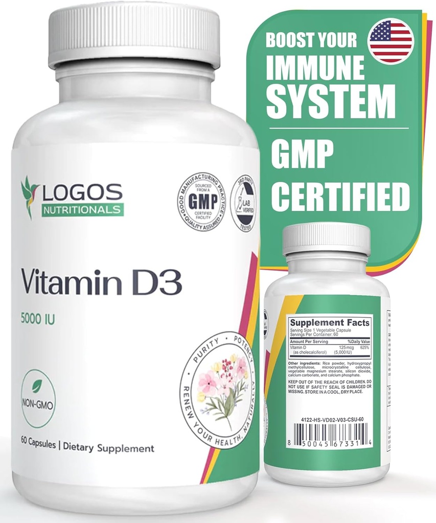Vitamin D3 Təhlükəsizlik - Vitamin D-5000 IU - Sağlamlıq Bones, Diş, Kass, Cardiovascular, və Immune funksiyası - Sütsuz, Soy-Free - 60 Kapsüls