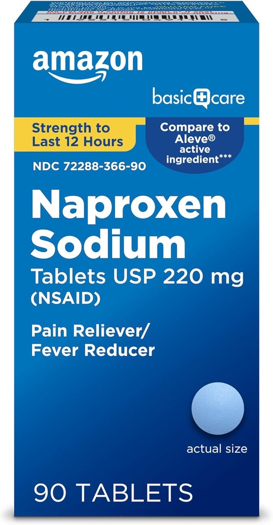 Basic Care Naproxen Sodium Caplets 220 mg, 12-Hour Fever Reducer (NSAID) und Pain Reliever for Muscle Aches, Backache, Headache, Toothache, Minor Arthritis, 90 Count (Verpackung kann variieren)