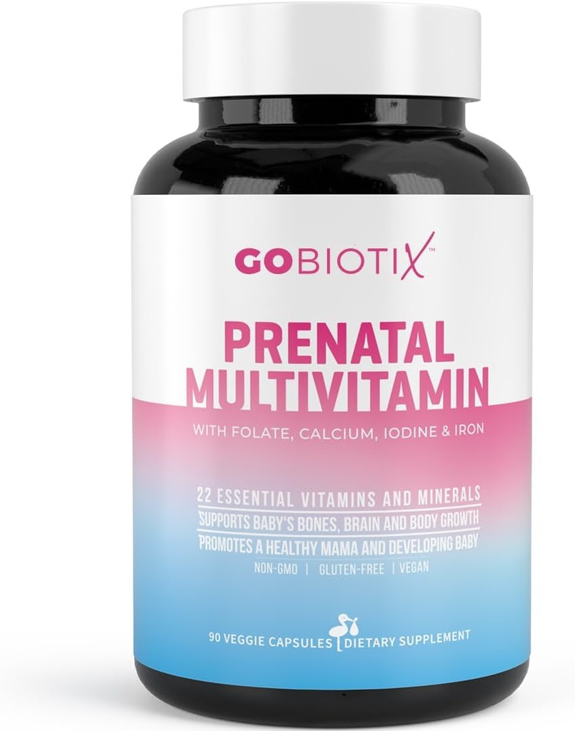 GOBIOTIX Vitaminas prenatales para mulleres - multivitamínicos con ferro, calcio, vitamina D2, C, zinc e ácido fólico para o embarazo - pre e postparto esencial - non-GMO - 90 cápsulas