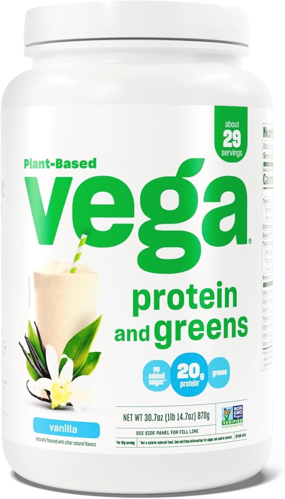 Vegaprotein og grønn proteinpulver, vanilla - 20g plantebasert protein pluss grønnsaker, vegan, ikke GMO, eraprotein for kvinner og menn, 1.9lbs