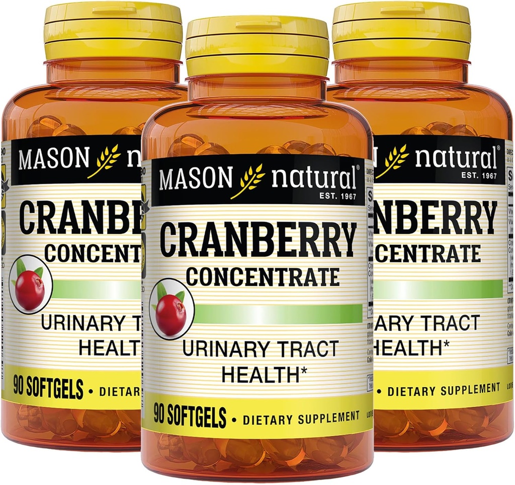 MASON NATURAL Cranberry 12:1 Koncentrāts ar C un E vitamīnu, uztur imunitāti un urīna veselību, 90 kapsulas, iepakojumā 3 kapsulas