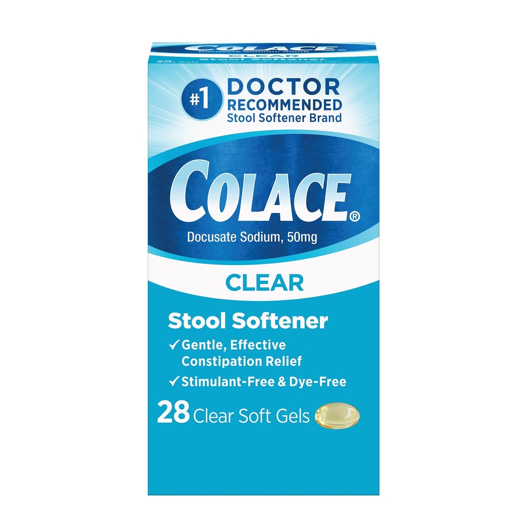 Colace Clear Stool Softener Soft Gel Capsules Constipation Relief 50mg Docusate Sodium Doctor Recommended 28ct