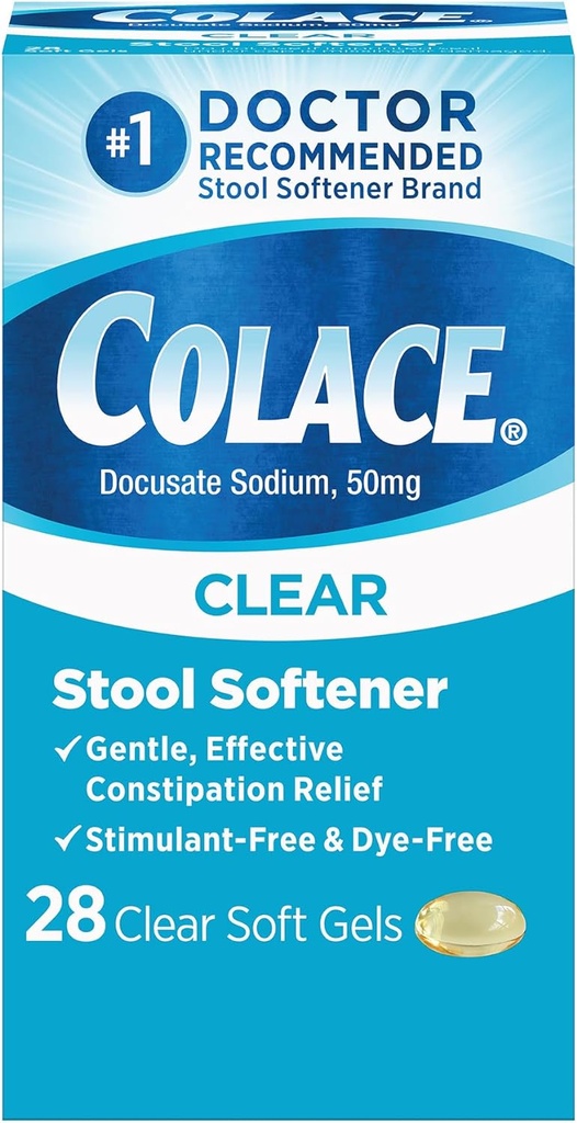 Colace Clear Stool Softener Soft Gel Kapslid Kõhukinnisus Relief 50mg Dokusaat Naatriumarst Soovitatav 28ct