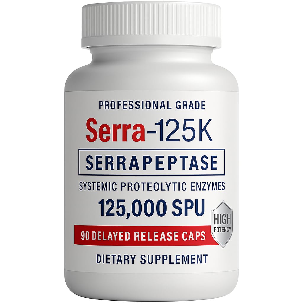 Serra-125K Serrapeptase – High Potency 125,000 SPU Per Capsule (250,000 SPU Per 2 Capsules) | Delayed Release | 90 Capsules | Non-GMO | Vegan Enzyme Supplement | Professional Quality