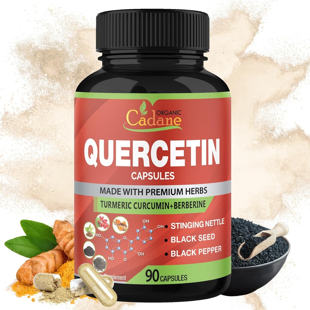 Organic Cadane Quercetin Extract Capsules, 90capsules, 3 månader Supply med Quercetin, Turmeric Curcumin, Berberine, Nettle, Black Seed Powder, Black Pepper.