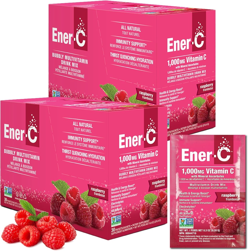 Ener-C Multivitamin Drink Mix - Vitamin Packets for Water, Electrolytes Powder Packets, Vitamin Drink Mix, Hydration Liquid Mix, Immune Booster for Adults, Healthy Energy - Raspberry, 60 count
