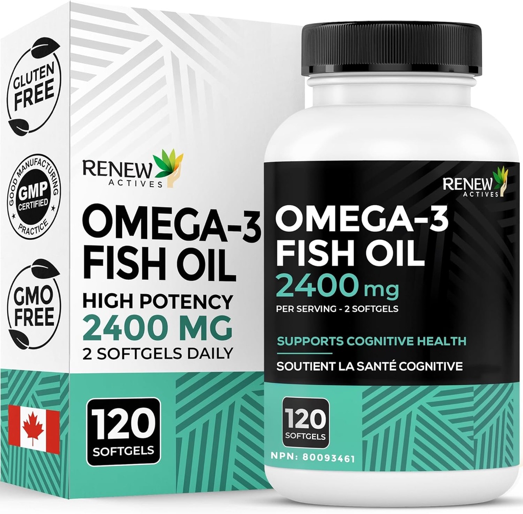 Renew Actives Omega-3 Fish Oil 2400MG per 2 Softgels - 720MG EPA & DHA - Stöder hjärta, hjärna, ögonhälsa och triglyceridreducering - No Fishy Aftertaste - Made in Canada - 120 Softgels