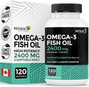 Renew Actives Omega-3 Fish Oil 2400MG per 2 Softgels - 720MG EPA & DHA - Υποστηρίζει την καρδιά, τον εγκέφαλο, την υγεία των ματιών, και τη μείωση των τριγλυκεριδίων - Δεν ψαρική επίγευση - Made in Canada - 120 Softgels