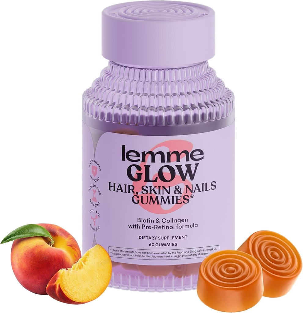 Lemme Glow Colagen Gummies for Thick Hair, Strong Nails & Healthy Skin with Multi-Collagen Peptides, Biotin, Trace Minerals, Zinc, Vitamine A, C & E, Dairy & Gluten Free, Peach Flavor, 60 ct.
