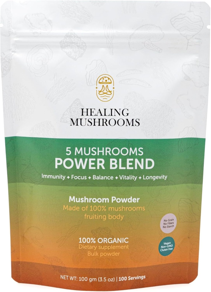 5 Mushrooms Power Bland, Organic Powder con Lions Mane, Reishi, Cordyceps, Turquía Tail, Chaga. 100 gramos
