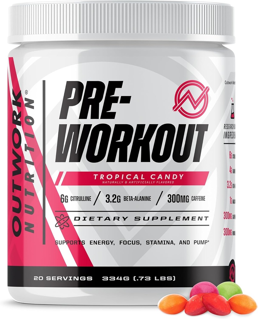 Outwork Nutrition Pré-treino para Homens e Mulheres - Nootropic Pré-treino sem Creatina, Pó pré-treino com Taurine Rhodiola Citrulina Malate Beta Alanine Cafeína (Candy tropical)
