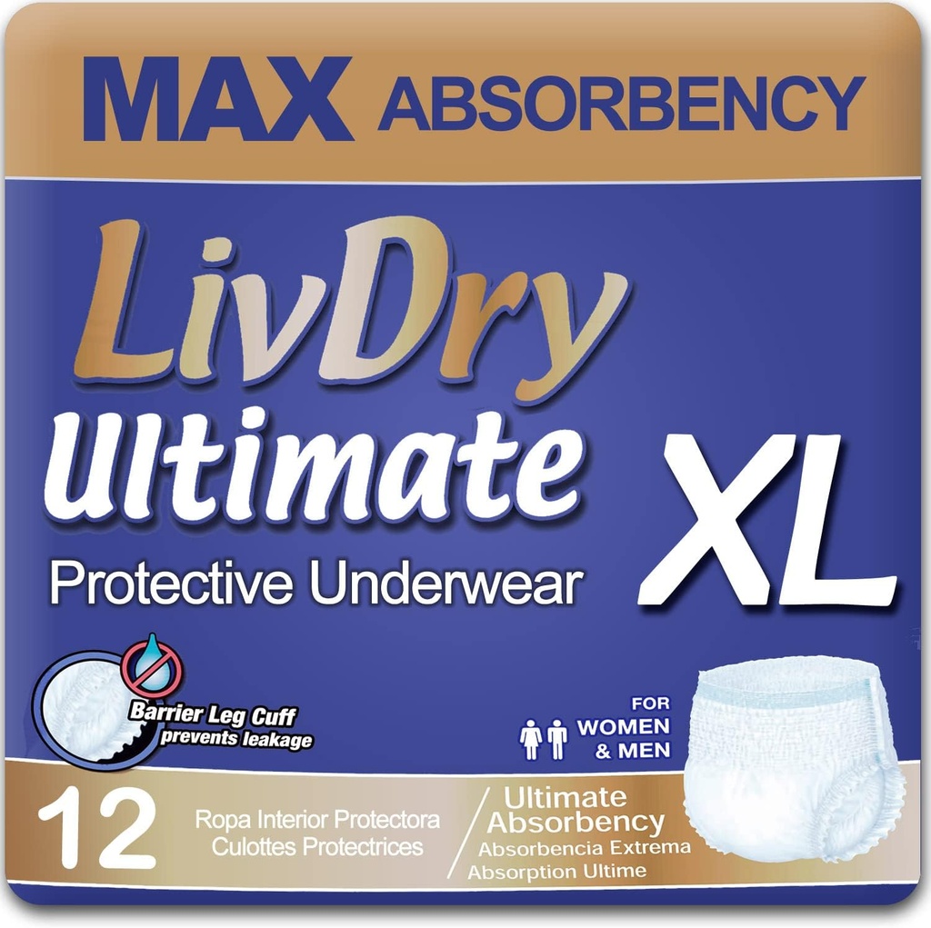 LivDry Ultimate XL Adult Incontinence Underwear, Max Absorberende Adult Luiers met Leak Protection, X-Large, 12-Pack