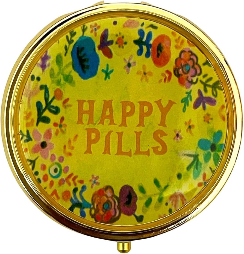 Cool Pill Case Vintage Metal PillPSKer Portable Compact Pill Box for Purse/Pocket to Hold ויטמינים/Tylenol/Supplements/Fish Oil/Meds/Tablet(Happy Pills with Mirror,Round)