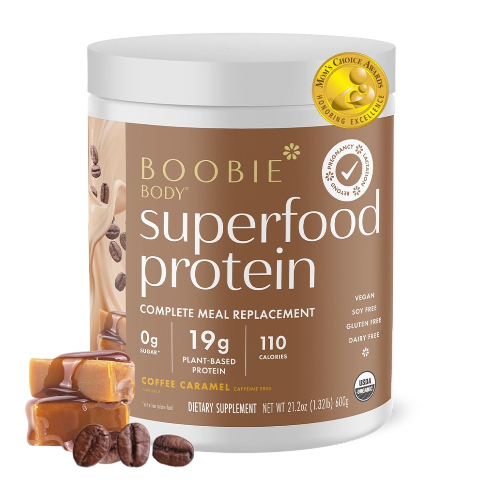 Boobie Body Superfood Protein Haurdunaldia eta Postpartum Meal Ordezkatze Shake, Kafe karamelu zaporetsua | 19g Protein | Safe for Lactation & Motherhood | Organic, Vegan, Zero Sugar, 1 Tub (20 zerbitzu)