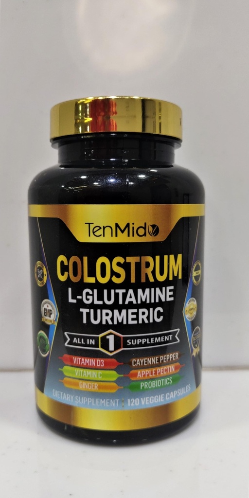 Colostrum Supplement - 10in1 Formula - Combine with L- Glutamine, Turmeric, Cayenne Pepper, Apple Pectin, Probiotics, Ginger, and More - Digestive Health, Immune Support - 120 Capsules