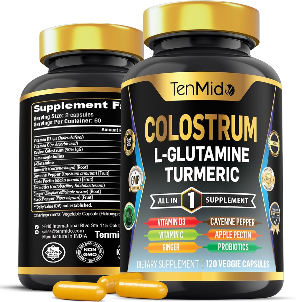 Suplemento de Colostrum - 10in1 Fórmula - Combina con L- Glutamina, Turmeric, Cayenne Pepper, Apple Pectin, Probióticos, Peligro y Más - Salud Digestiva, Apoyo Inmunitario - 120 cápsulas