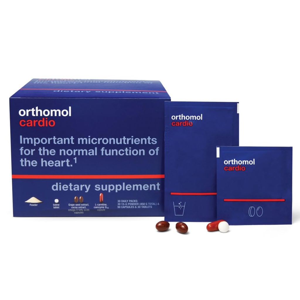 Orthomol Cardio, Heart Health Supplements for Circulation & Vascular Support, Omega-3, Magnesium, Cocoa Polyphenols & B Vitamins, Supports Cardiovascular Health, 30-Day Supply, Powder+Tablets+Capsules