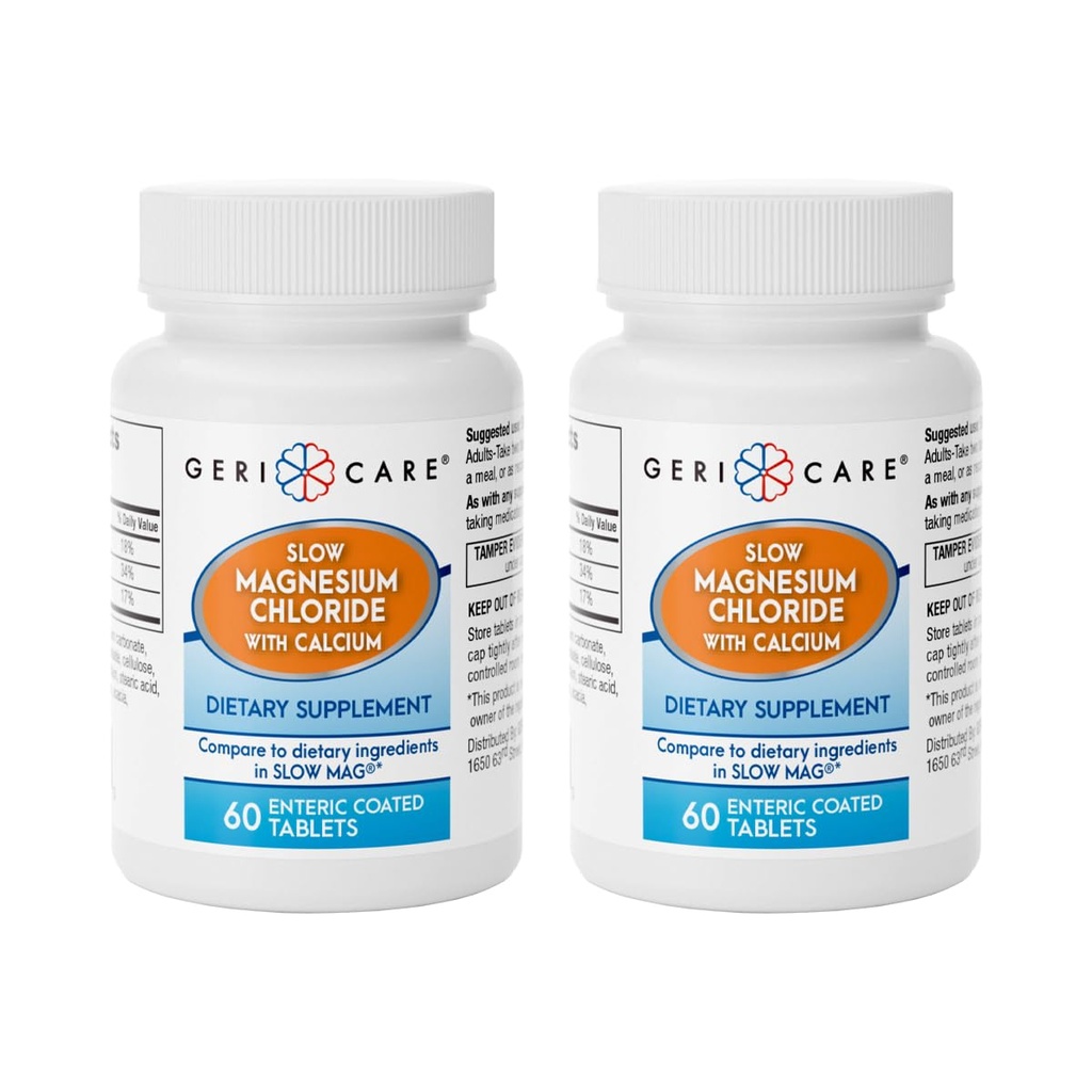 Gericare Slow Magnesium Chloride Calcium, Slow-Release Enteric Coated Tablets, Supports Proper Muscle Function, Helps with Carbohydrate Metabolism, 60 Count Bottle (Pack of 2)