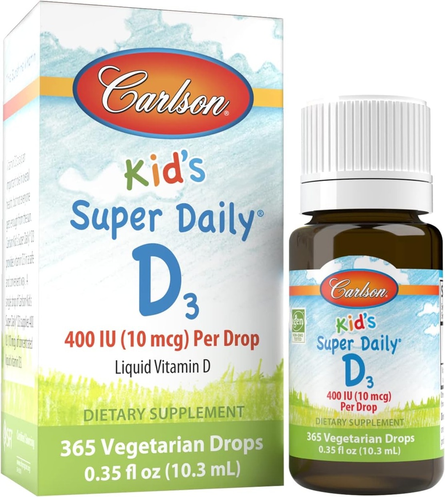 Carlson - Kid's Super Daily D3, Kids Vitamin D Drops, 400 IU (10 mcg), 심장 건강, 면역 지원, 채식주의, 액체 비타민 D Drops, Unflavored, 365 Drops