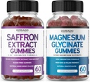 Suplementos de açafrão (60 chicletes) 5 em 1 Advanced Formula Sugar Free Gummy - Delicious Raspberry Flavor and Magnesium Glycinate (60 Conde) Pure Glycinate Gummy for Adults - Non-GMO, Vegan & USA Made