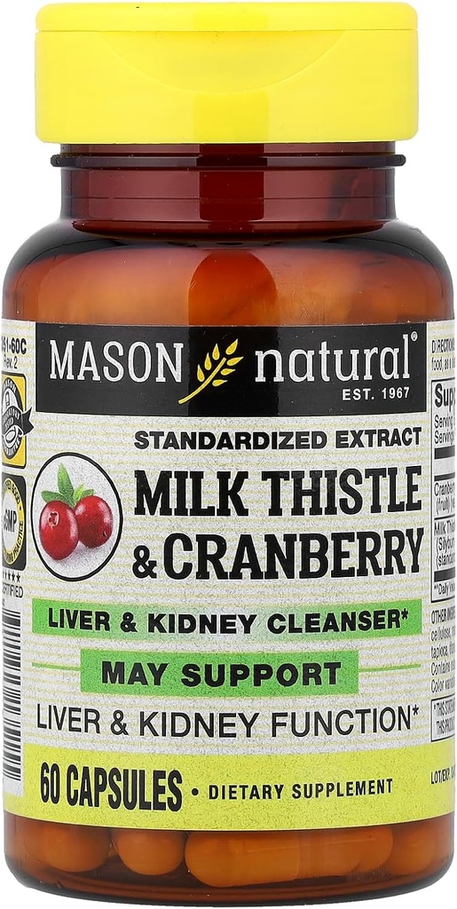Mason Vitamins Milk Thistle / Cranberry Játra a ledviny Cleanser Kapsle, 60 Počet