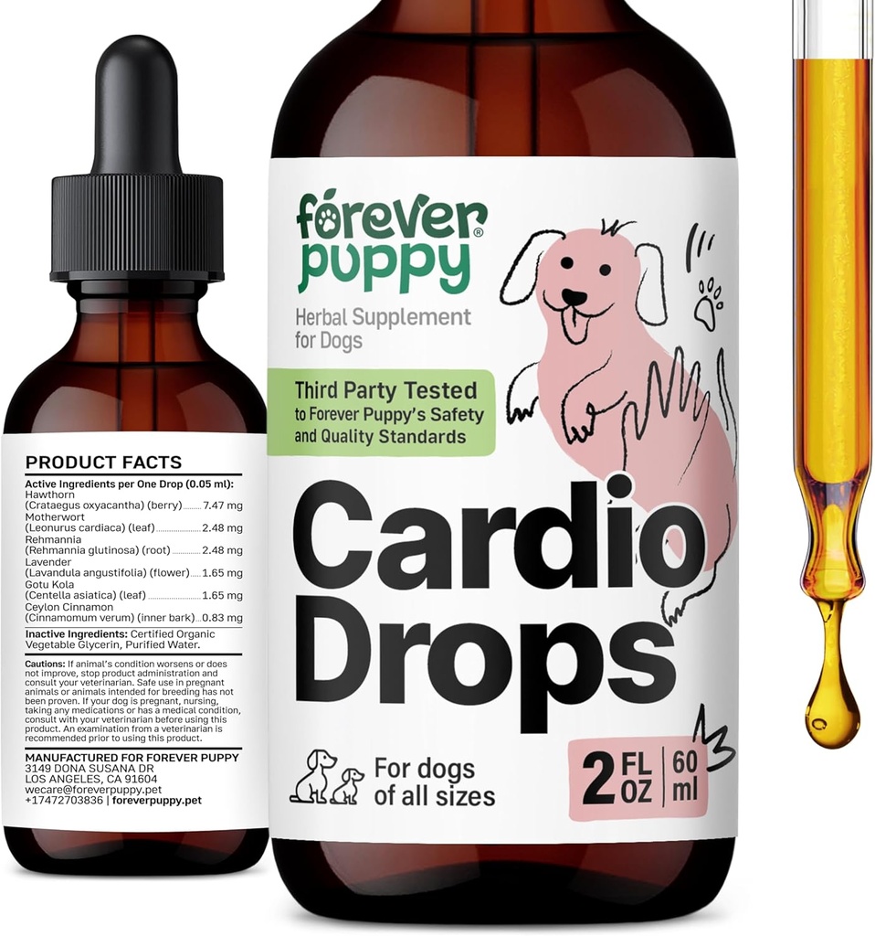Večno Puppy Cardio Kapljice za pse - Hawthorn Berry & Matherwort Herb - Tekoči antioksidant dodatek z Gotu Kola Leaves & Lavender Extract - 2 fl oz