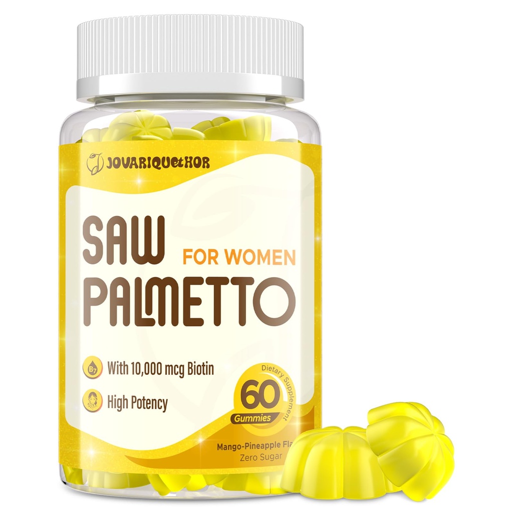 Jovariquethor Saw Palmetto for Women - DHT Blocker Hair Growth Supplement - 500mg Potent Saw Palmetto Gummies for Hair, Skin, Nails, Urinary Wellness - Mango-Pineapple Flavor - 60 Gummies