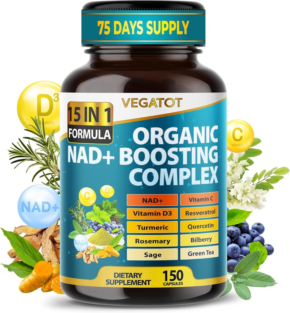 VEGOTOT NAD+ Boosting Complex - NAD-supplementen voor vrouwen & mannen 15-in-1 Formule met Resveratrol Kurkuma Quercetin Rosemary Bilberry Sage Green Tea
