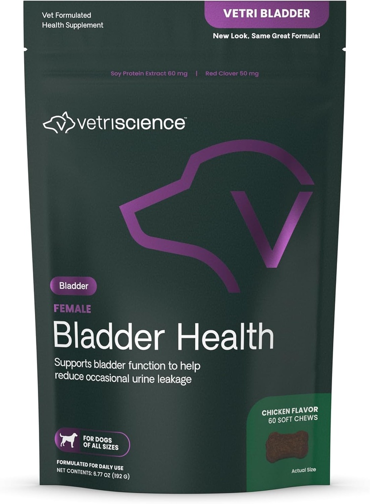 VETRISCIENCE Bladder 건강 Chews, 개를 위한 Vetri Bladder 보충교재, Incontinence 지원, 감소 소변 누설 및 과민한 방광, 간장 단백질 및 빨간 클로버, 닭, 60 조사