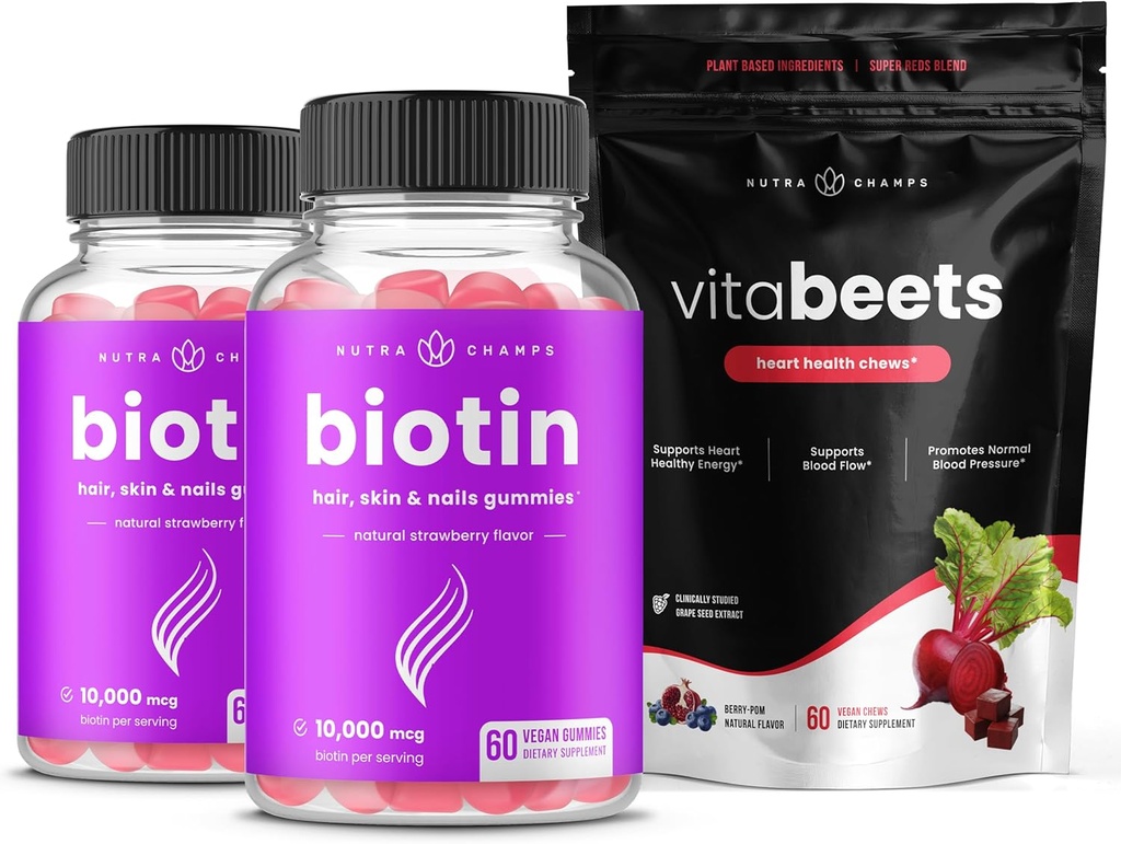 NutraChamps Biotin Gummies 2 팩 & Beet Chews 번들