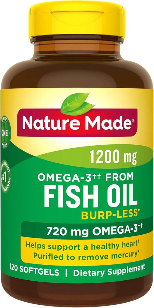 Burp-Less Fish Oil 1200 mg én per dag, 120 Softgels, Fish Oil Omega 3 Supplement for hjerte helse