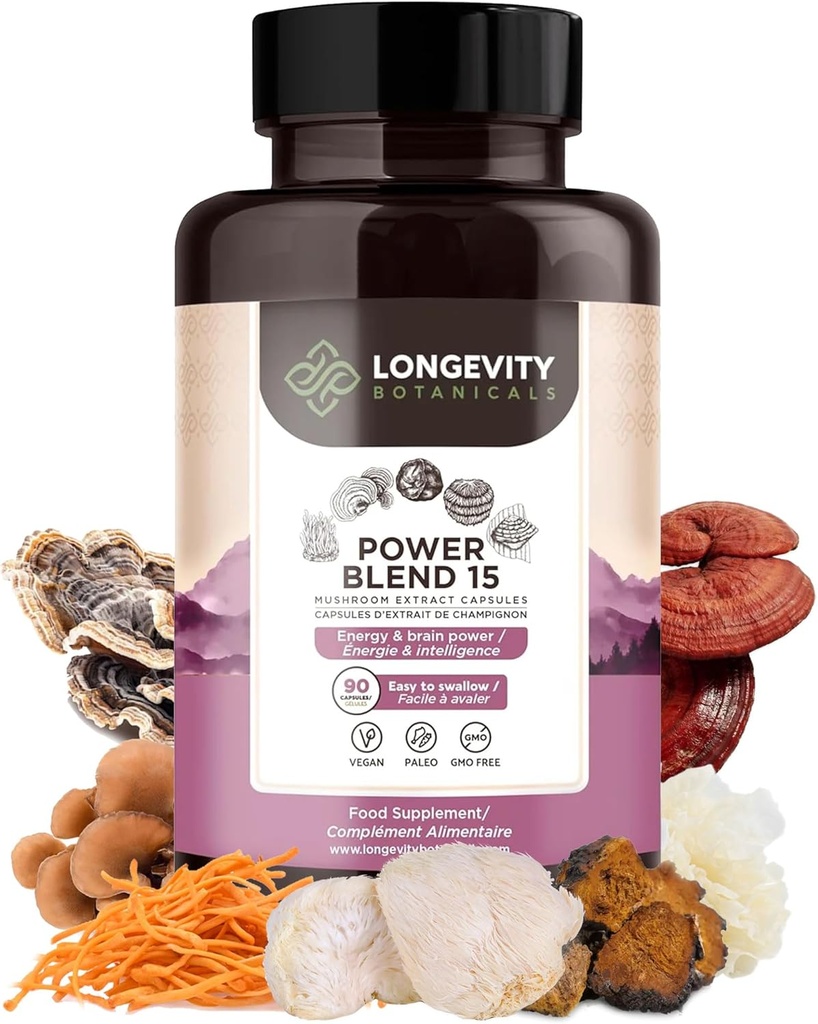 Power 15 Blend Capsules Supplement (90) | High Strength Extract Complex | With Lions Mane, Turkey Tail, Cordyceps, Reishi, Chaga & Tremella | 20% Beta-D Glucans | Inmunity & Vitality Support