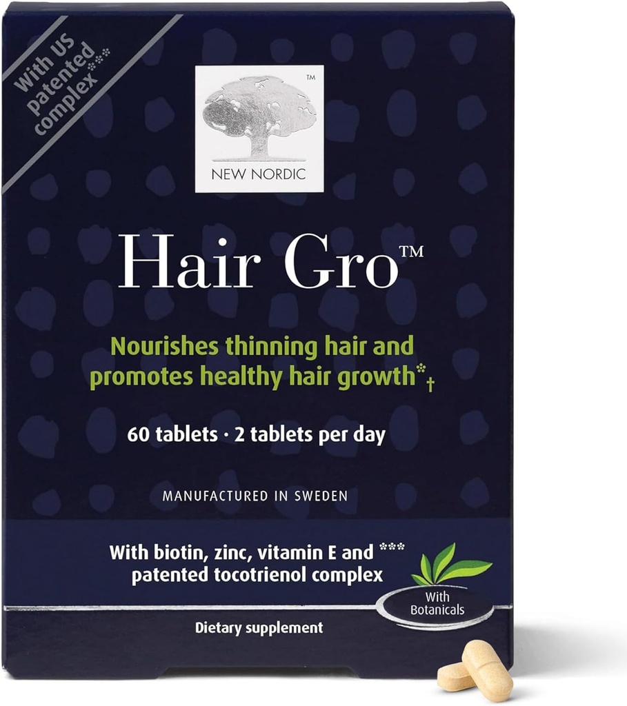 NEW NORDIC Hair GRO, Hair Growth Supplement, Biotin & Palm Fruit Extract Tocotrienols for Natural Regrowth, 60 카운트 (1 팩)