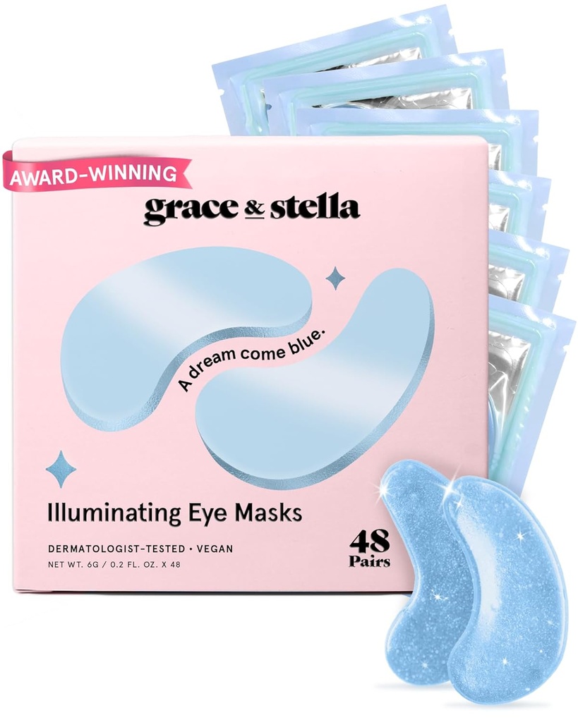 Grace & Stella Award Vítězný pod očí maska snížit tmavé kruhy, Puffy Eyes, Undereye sáčky, vrásky, Gel Under Eye Patches, Narozeniny dárky pro ženy - Vegan Cruelty-Free Self Care (48 páry, modrá)