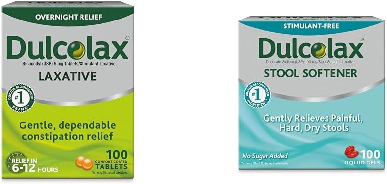 Dulcolax Stimulant Laxative Tablets (100 count) Gentle Overnight Constipation Relief, Bisacodyl 5mg " Stool Softener Laxative Liquid Gel Capsules (100ct) for Gentle Relief, Docusate Sodium 100mg