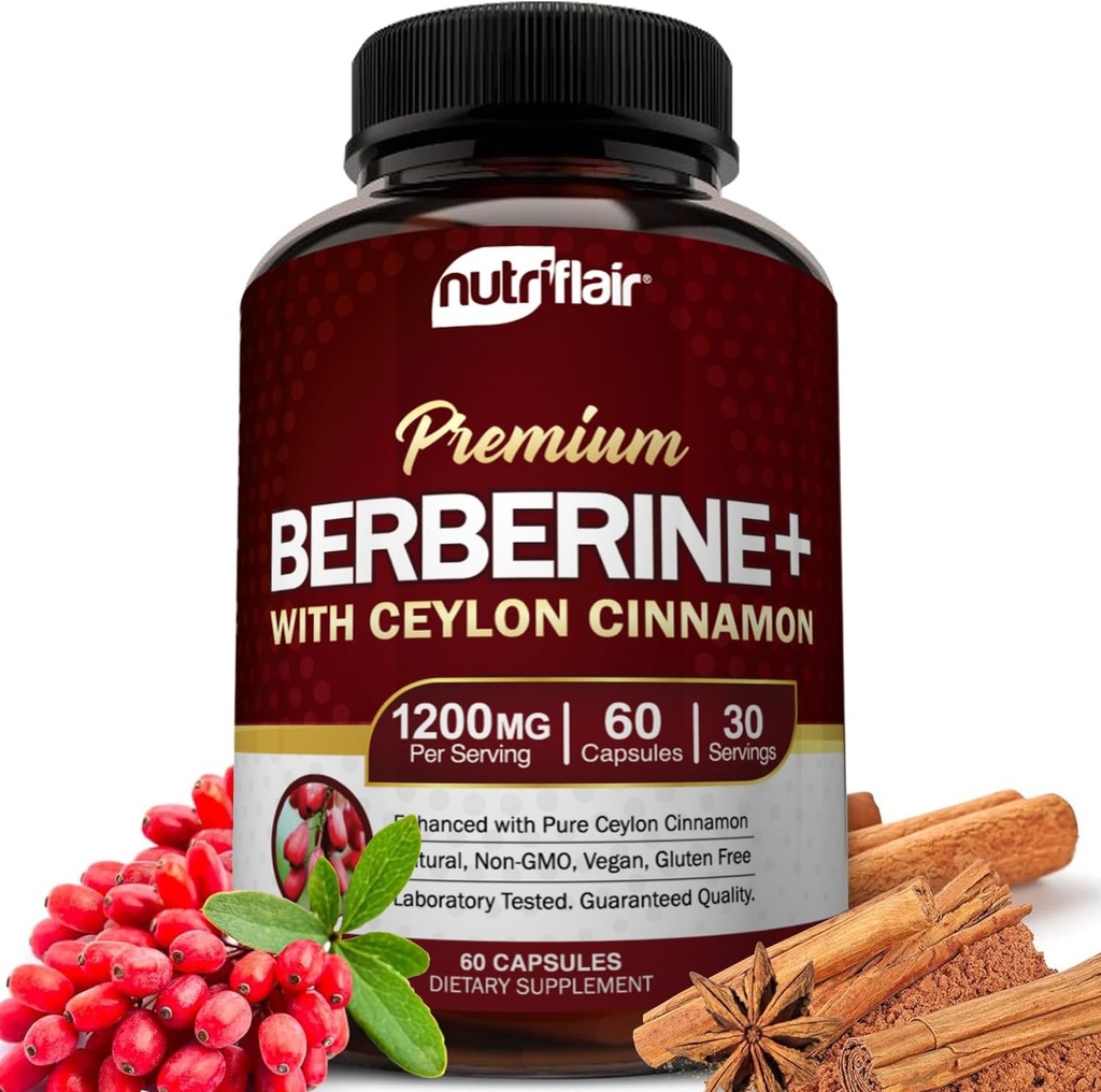 NutriFlair Premium Berberine HCL 1200mg, 60 kapsulas - Plus Pure True Ceylon Cinnamon, papildinājumi Tabletes, Imūnās sistēmas atbalsts