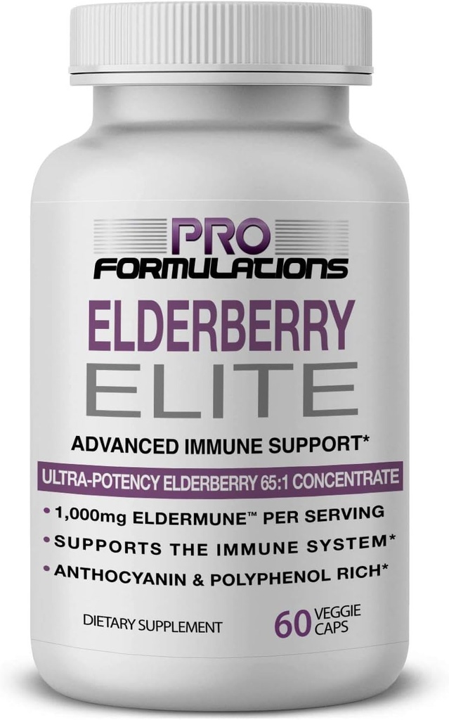 Pro Formulations - Elderberry Elite - Strongest available Elderberry Extract 65: 1 - Advanced Immune Support Capsules - 60 ct - 1000 mg per Serving - vegetáriánus, nincs mesterséges színezék vagy aroma