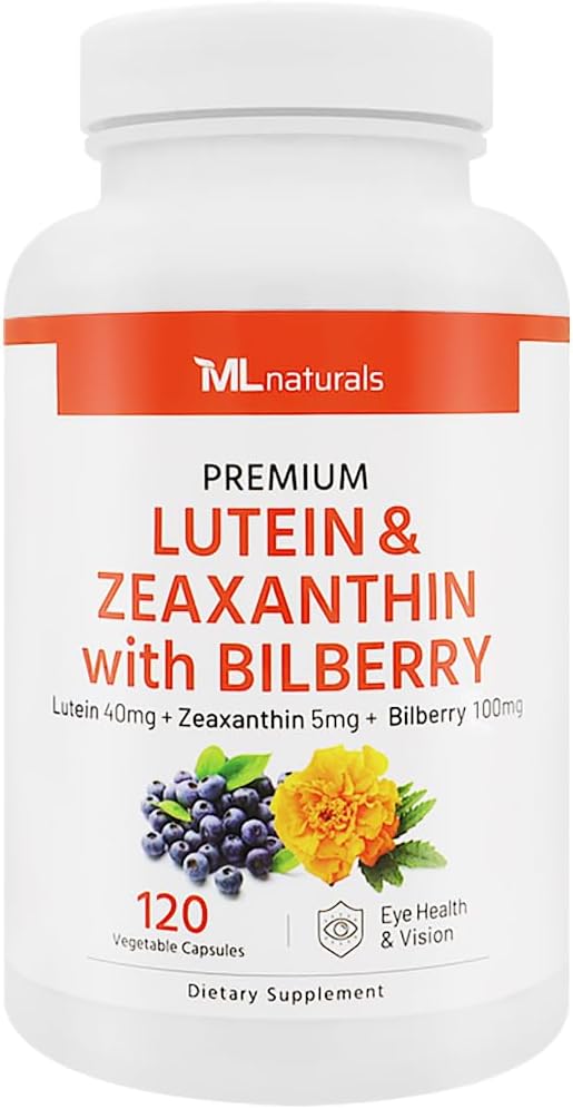 ML Naturals Premium Lutein " Zeaxanthin with Bilberry 120 Vegetable Capsules. Lutein 40 mg, Zeaxanthin 5 mg, and Bilberry 100 mg. نوعية الترميم Healthy Eyes ' Vision, NSF-Certified " cGMP-Compliant