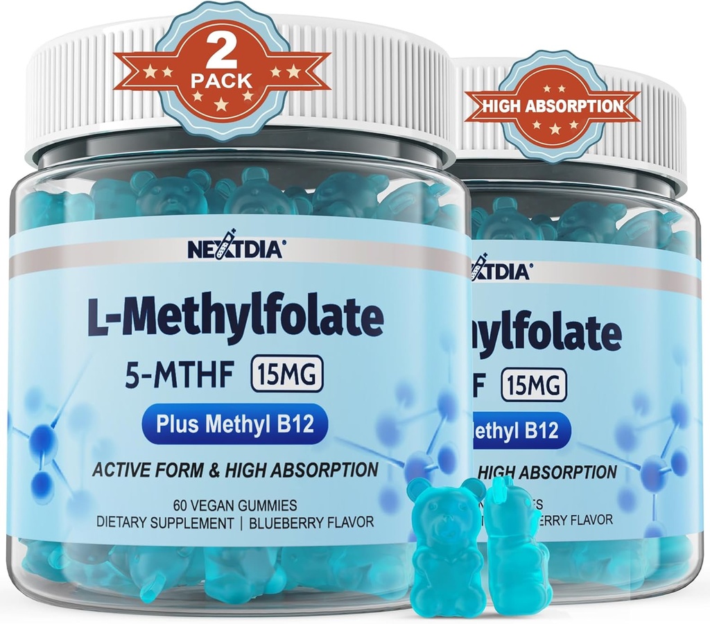 L-methylFolaat 15mg & Methyl B12 Gummies, gemethyleerd B1, B2, B6 Multivitamines - Actieve 5-MTHF & hoge absorptie - Ondersteunt MTHFR Gene, Cognition, Homocysteïne niveaus, Folaat Metabolisme, Veganistisch, 120 Cts