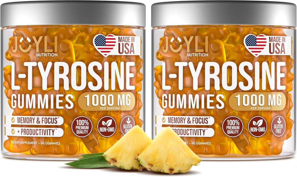 2 Pack - JOYLI L- Tyrosine Gummies 1000MG - Supplement Sugar-Free Vegan Focus & Mood Supplement for Kids & Dorośli - 500mg Per Gummy - Sen Gummies for Memory, Energy & Wellness - 60 szt. na opakowanie