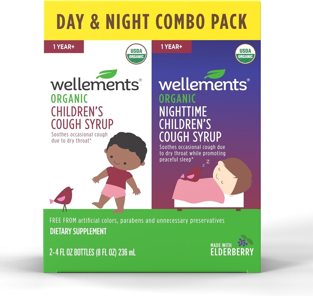 Wellements Organic Day & Nighttime Children's Cough Combo Syrup | Soothing Daytime & Nighttime Cough Relief USDA Organic | Value Pack (2) 4 Fl Oz. Bottiglie, 1 Anno+