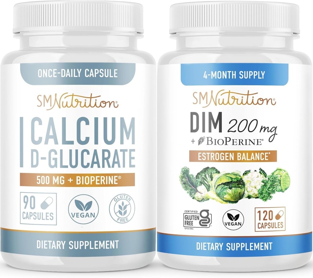SMNutrition 200mg DIM gehigarria Calcium D-Glucarate-rekin | Hormona Balancing Bundle DIM Diindolylmethane kapsulak (120 zerbitzatu) eta Vegan Gluten Free Non-GMO CDG osagarria (90 zerbitzatu)