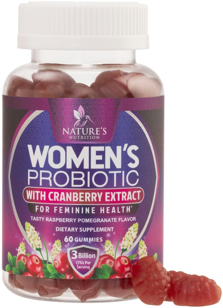 Nature's Nutrition Probiotics for Women Gummies with Cranberry - 6 Premium Strains for PH Balance, Digestive Health, Vaginal & Immune Support, Women's Probiotic Gummy for Feminine Health - 60 Gummies