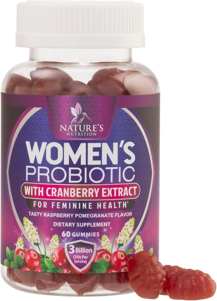 Probiotice pentru femei Gummies cu cranberry - 6 benzi premium pentru PH echilibru, Digestive Health, Vaginal & Immune Support, 3 Miliarde CFU, Femei Probiotic Gummy pentru sanatate feminina - 60 Gume