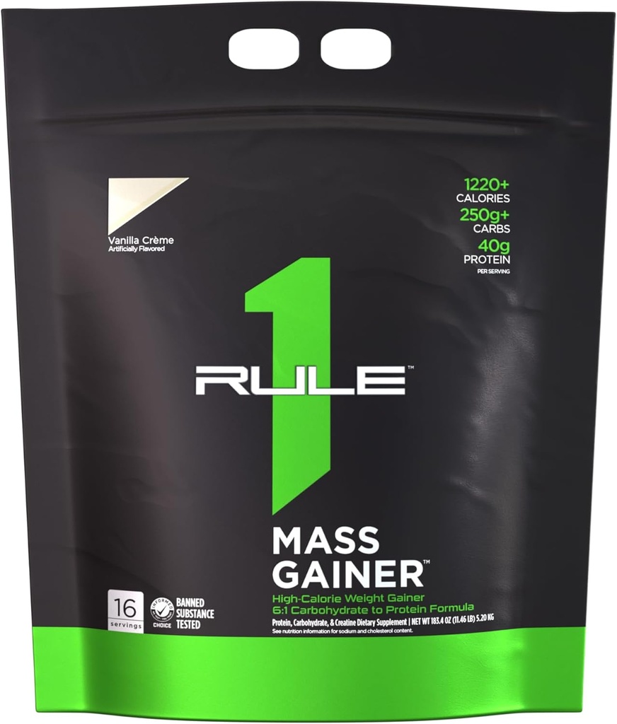 Rule 1 Mass Gainer - High-Calorie de ganancia de peso de 1,220 + calorías calorías, 250g + Complex Carb Blend, 40g All-Whey Protein Per Serving (16 servizos, Vanilla Crème)