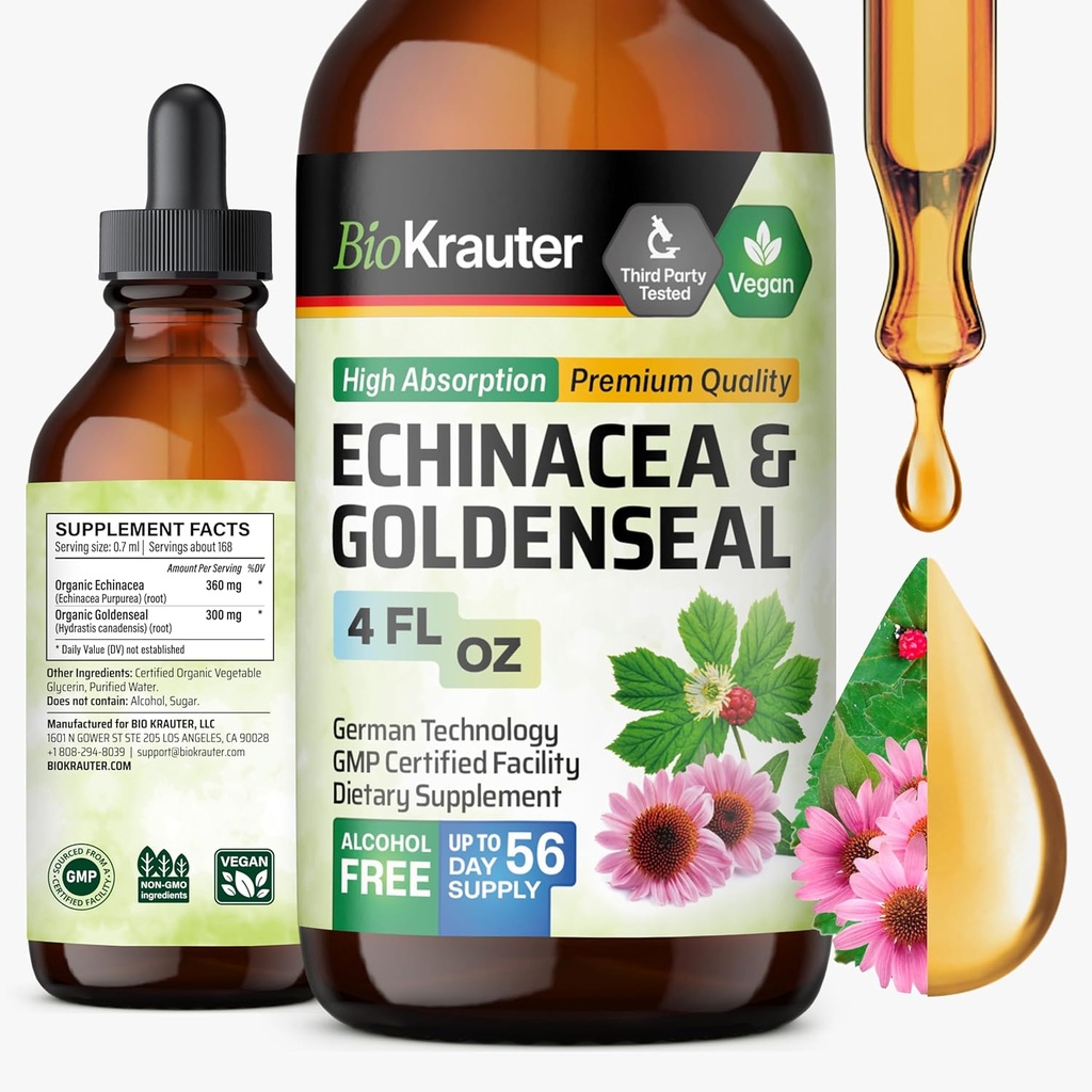 BIO KRAUTER Echinacea i Goldenseal Root Liquid Extract - Naturalne wsparcie immunologiczne - Echinacea Drops with Goldenseal - Wegan, Alkohol & Cukier Free Tincture - 4 Fl.Oz.