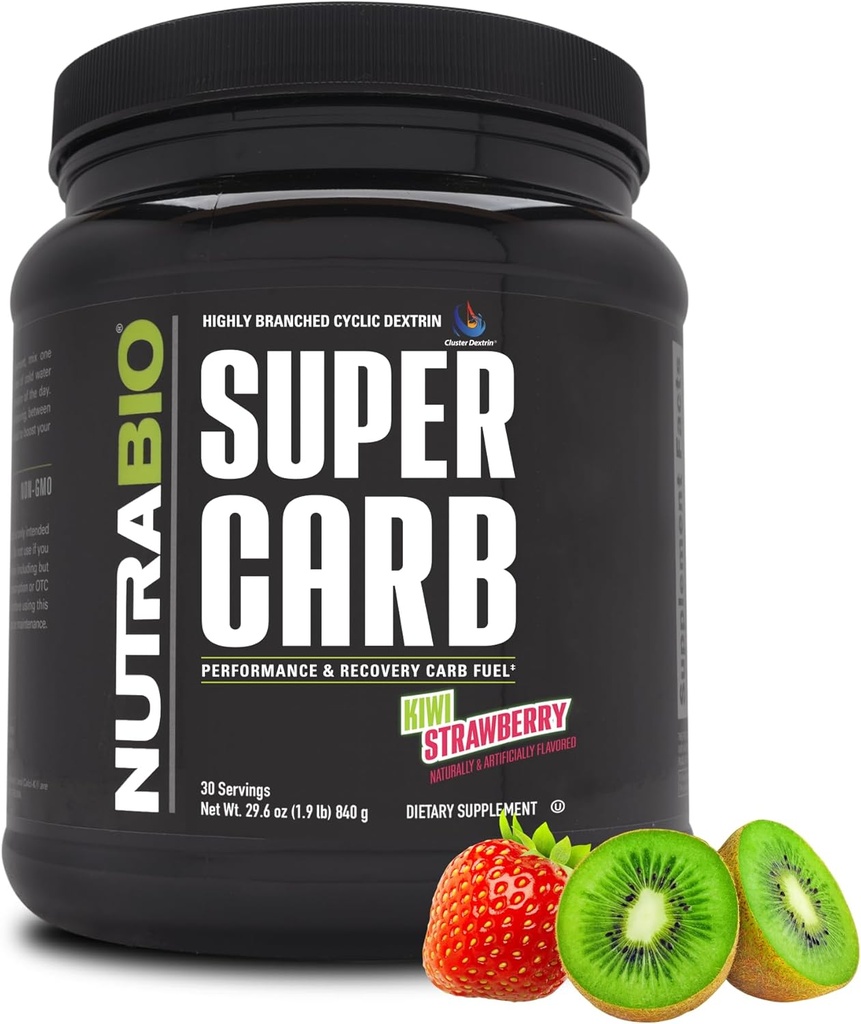 NutraBio Super Carb, Carbohydrate Powder with Cluster Dextrin & Electrolytes, Advanced Carb Supplement Powder for Workout Fuel, Performance, and Muscle Recovery, Cyclic Dextrin, Kiwi Strawberry, 30 Sv